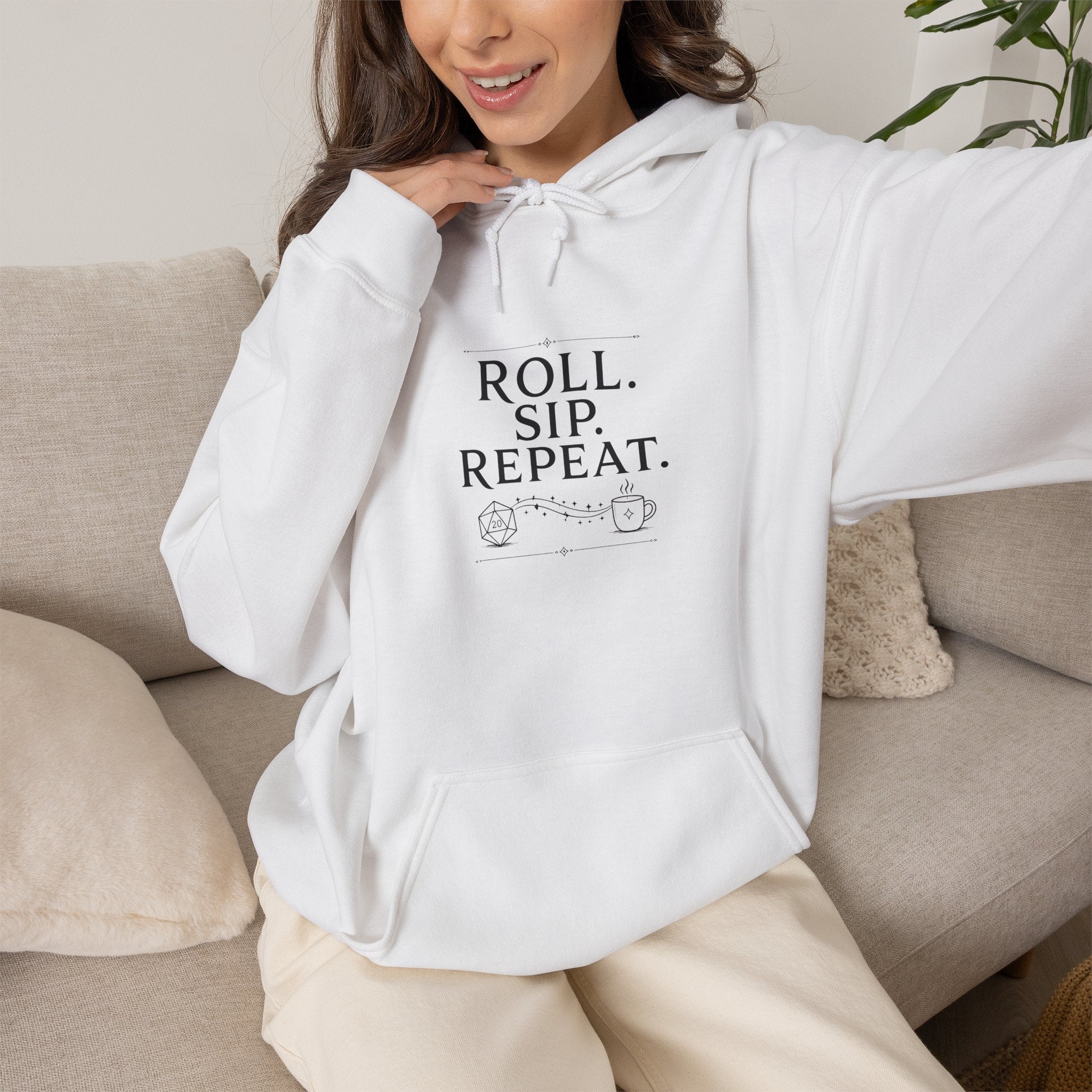 Roll. Sip. Repeat. | Tabletop RPG Coffee Hoodie | Dice & Coffee Lover Hoodie