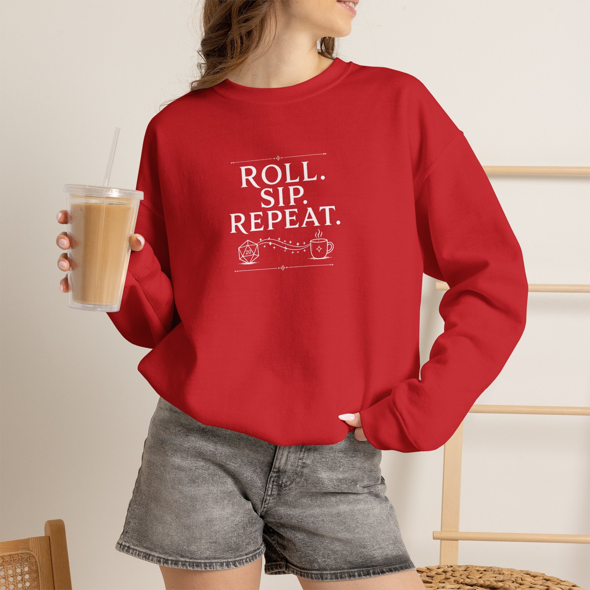 Roll. Sip. Repeat. | Tabletop RPG Coffee Sweatshirt | Dice & Coffee Lover Sweatshirt