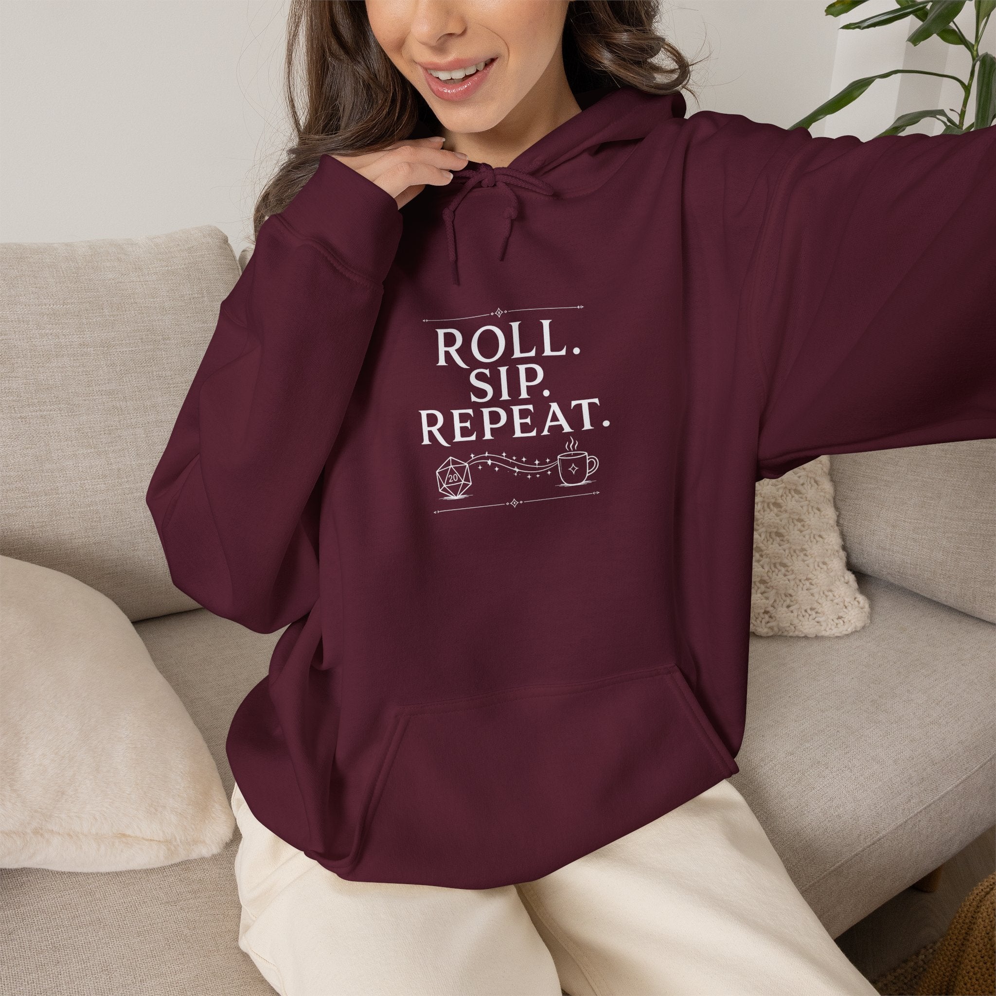 Roll. Sip. Repeat. | Tabletop RPG Coffee Hoodie | Dice & Coffee Lover Hoodie