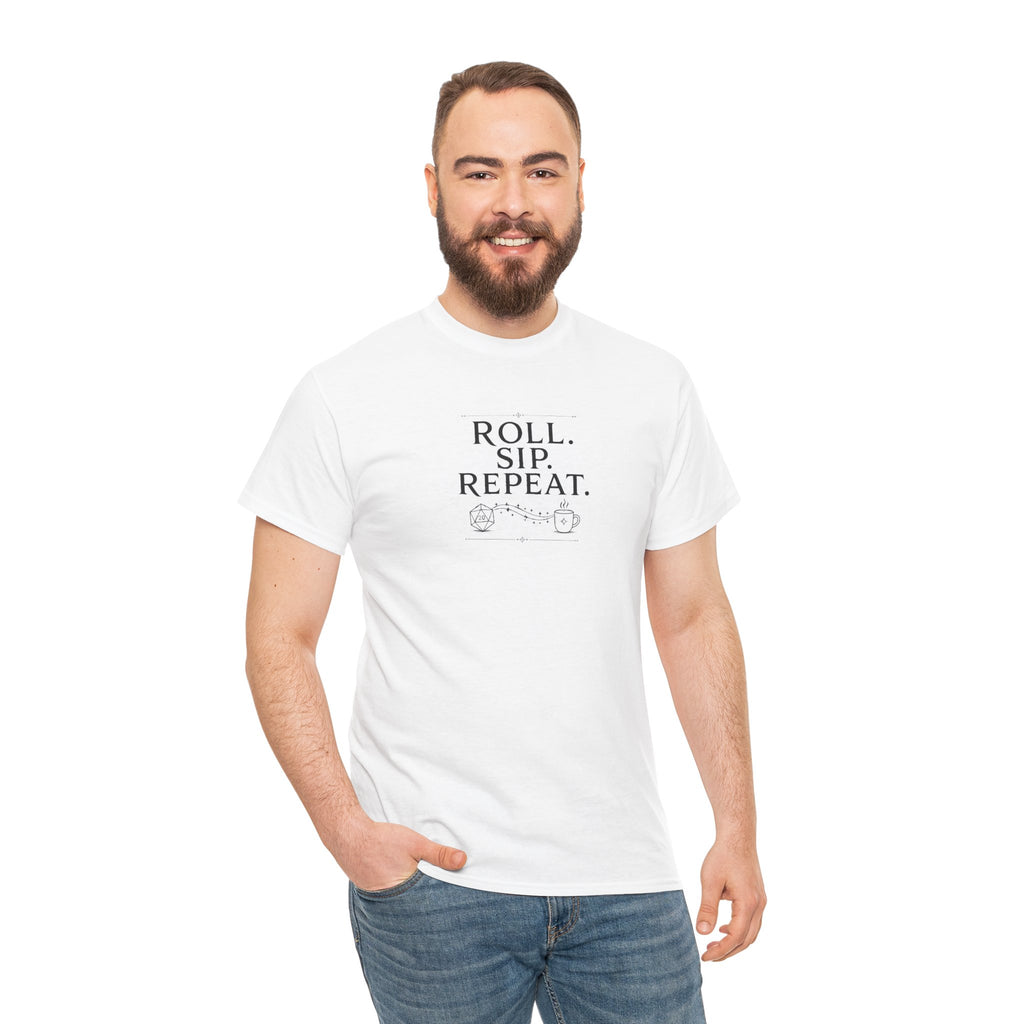 Roll. Sip. Repeat. | Tabletop RPG Coffee T-shirt | Dice & Coffee Lover T-shirt