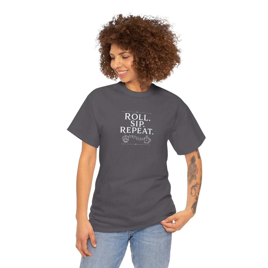 Roll. Sip. Repeat. | Tabletop RPG Coffee T-shirt | Dice & Coffee Lover T-shirt