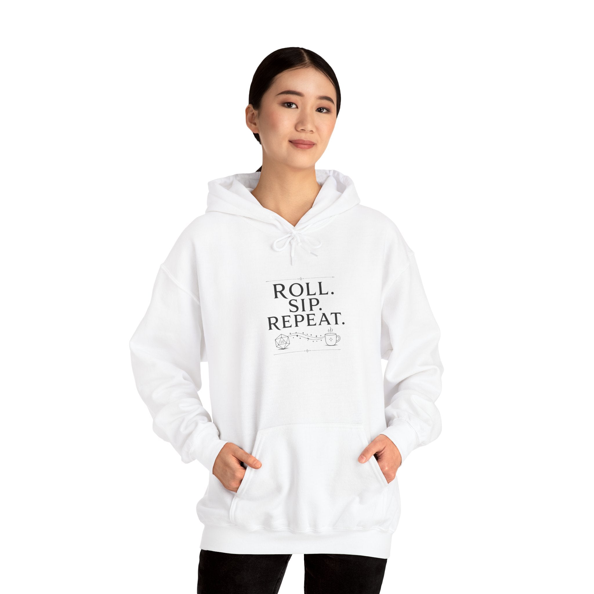 Roll. Sip. Repeat. | Tabletop RPG Coffee Hoodie | Dice & Coffee Lover Hoodie