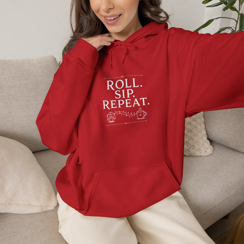Roll. Sip. Repeat. | Tabletop RPG Coffee Hoodie | Dice & Coffee Lover Hoodie