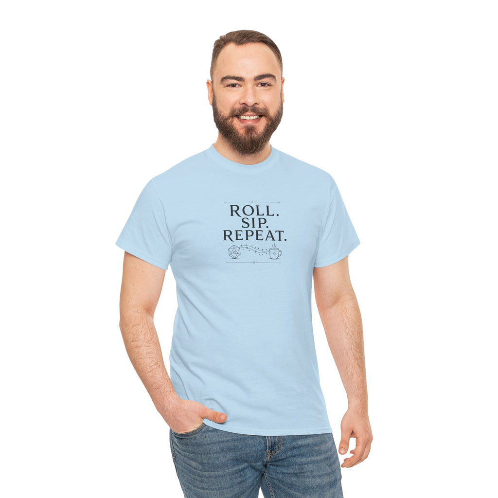 Roll. Sip. Repeat. | Tabletop RPG Coffee T-shirt | Dice & Coffee Lover T-shirt