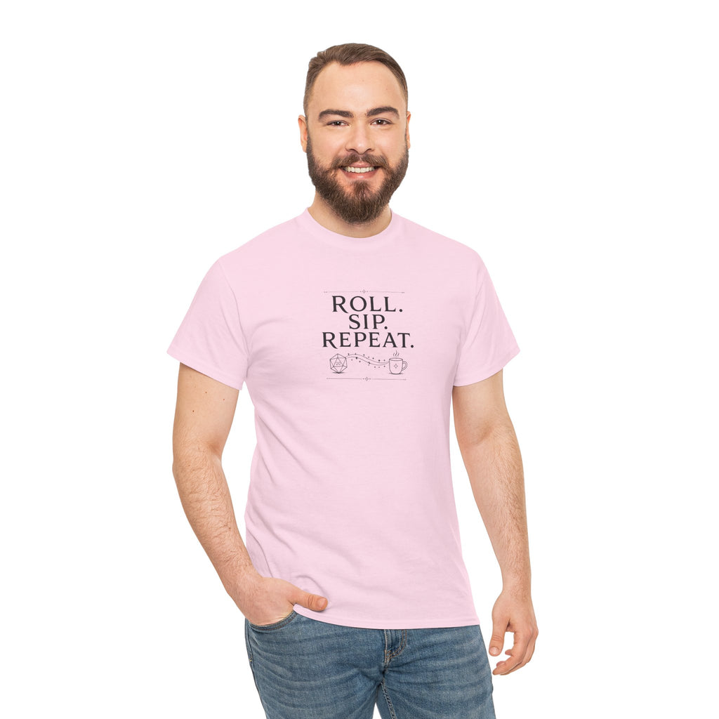 Roll. Sip. Repeat. | Tabletop RPG Coffee T-shirt | Dice & Coffee Lover T-shirt