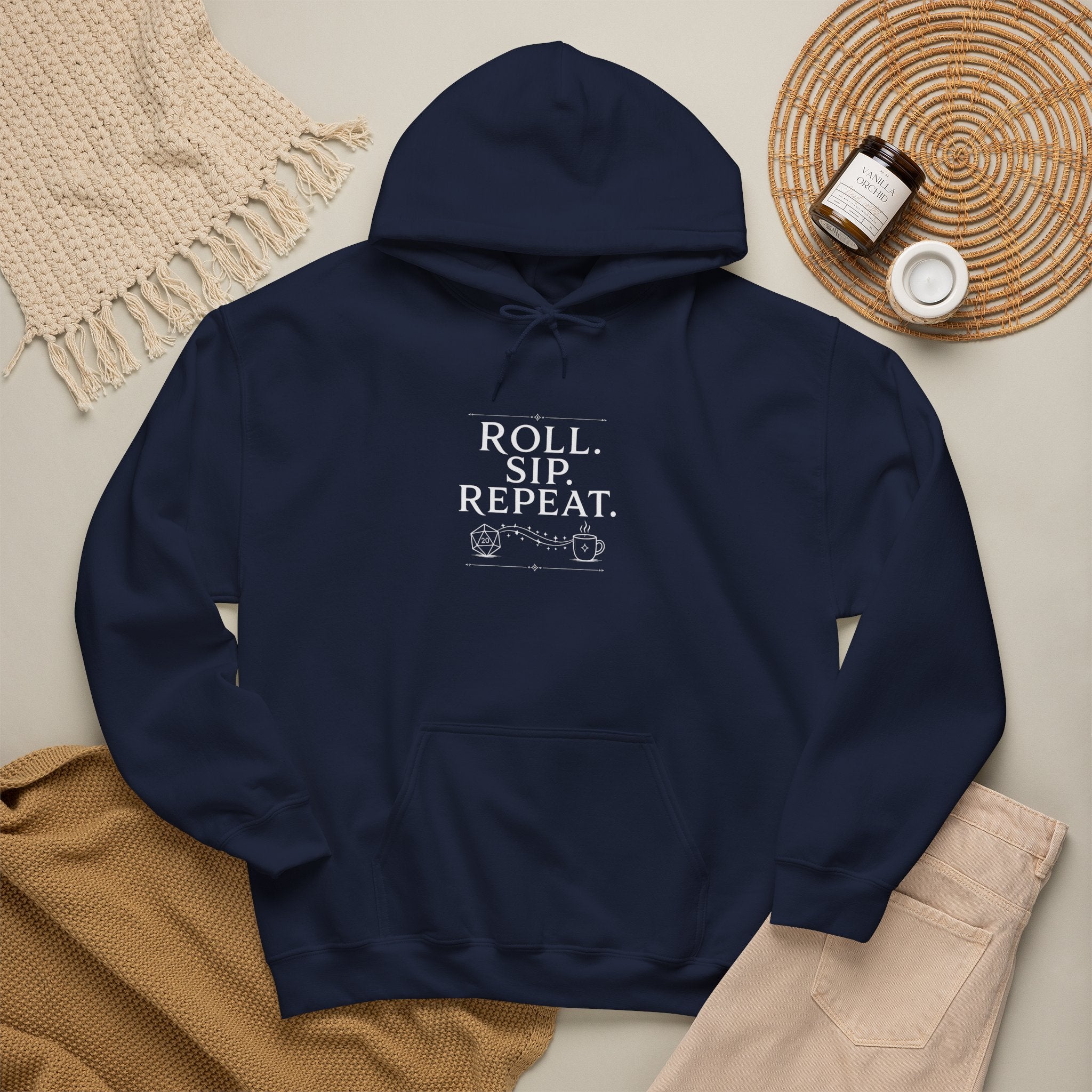 Roll. Sip. Repeat. | Tabletop RPG Coffee Hoodie | Dice & Coffee Lover Hoodie