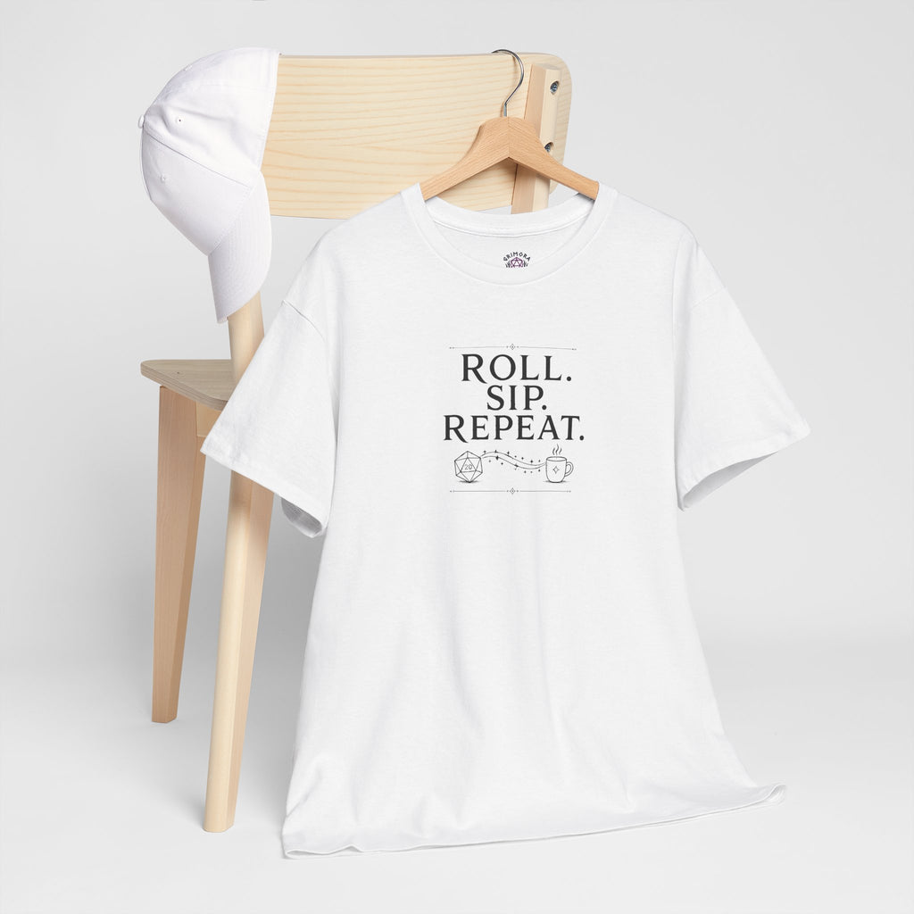 Roll. Sip. Repeat. | Tabletop RPG Coffee T-shirt | Dice & Coffee Lover T-shirt