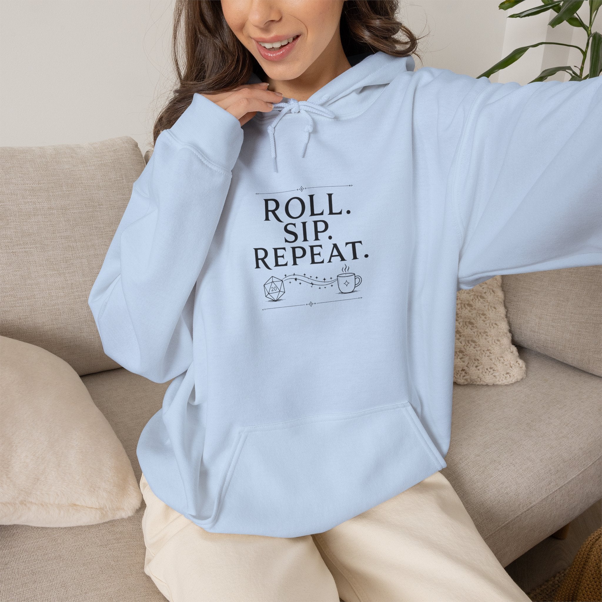 Roll. Sip. Repeat. | Tabletop RPG Coffee Hoodie | Dice & Coffee Lover Hoodie