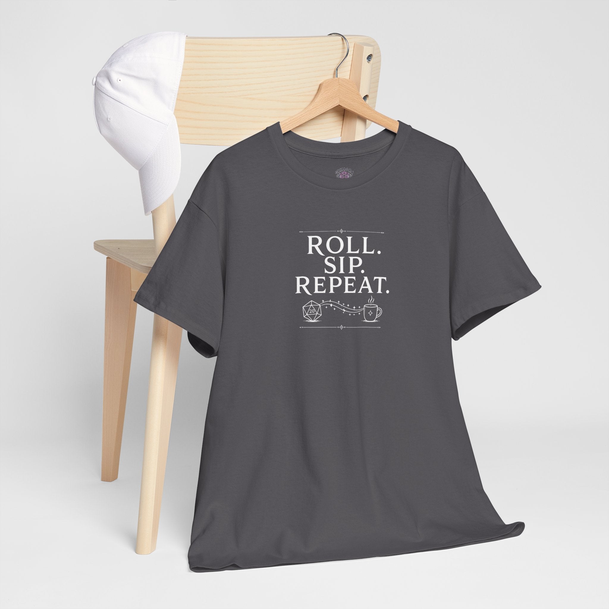 Roll. Sip. Repeat. | Tabletop RPG Coffee T-shirt | Dice & Coffee Lover T-shirt