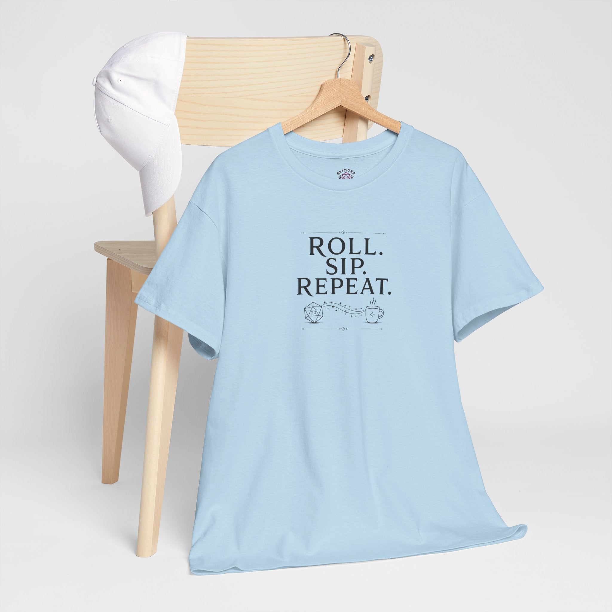 Roll. Sip. Repeat. | Tabletop RPG Coffee T-shirt | Dice & Coffee Lover T-shirt