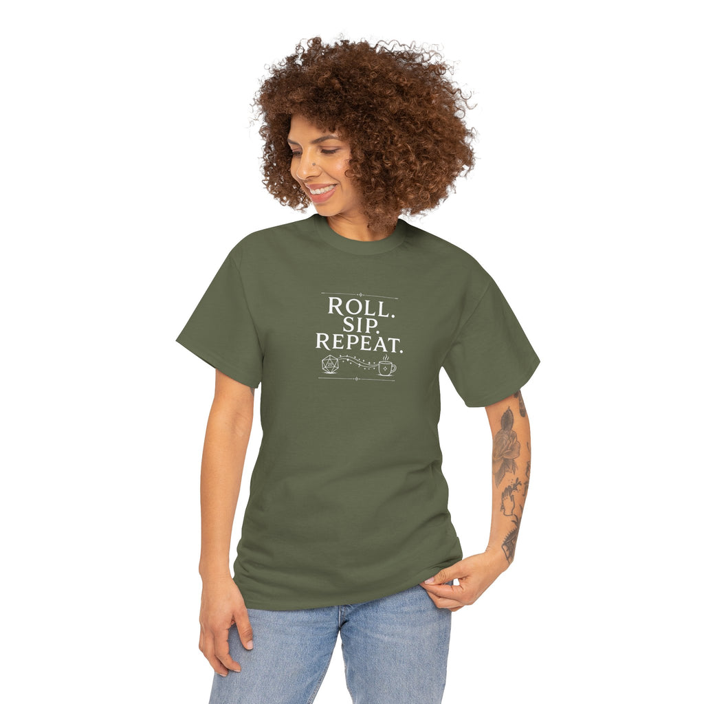 Roll. Sip. Repeat. | Tabletop RPG Coffee T-shirt | Dice & Coffee Lover T-shirt