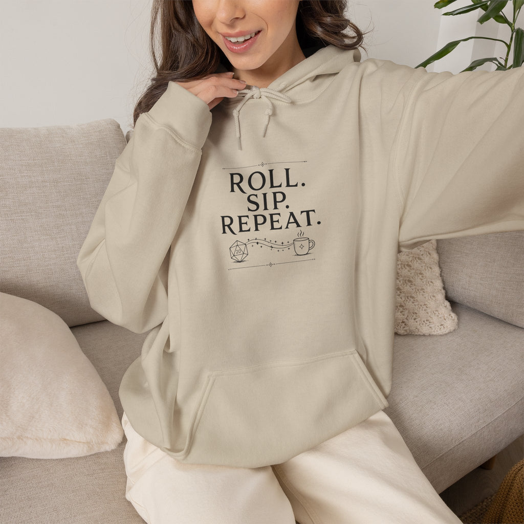 Roll. Sip. Repeat. | Tabletop RPG Coffee Hoodie | Dice & Coffee Lover Hoodie
