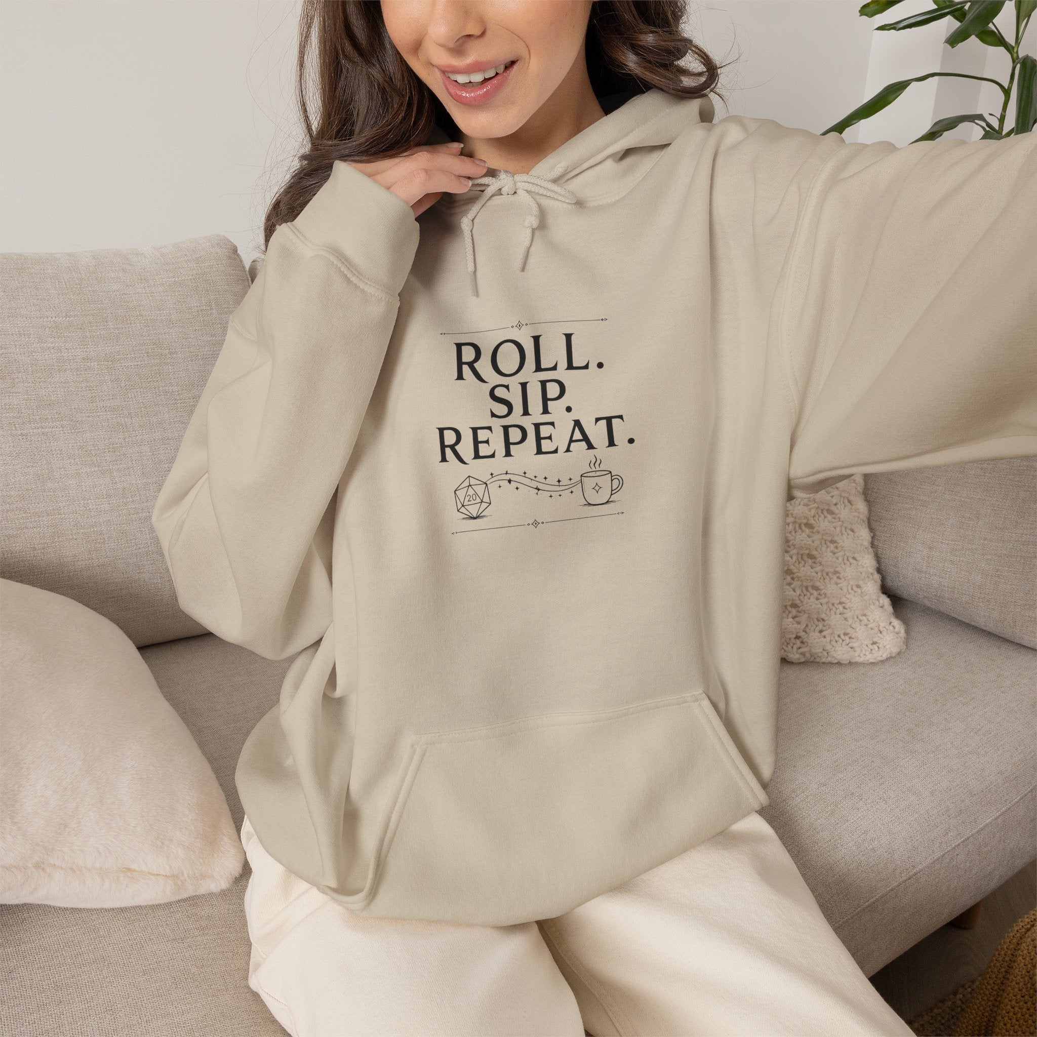 Roll. Sip. Repeat. | Tabletop RPG Coffee Hoodie | Dice & Coffee Lover Hoodie