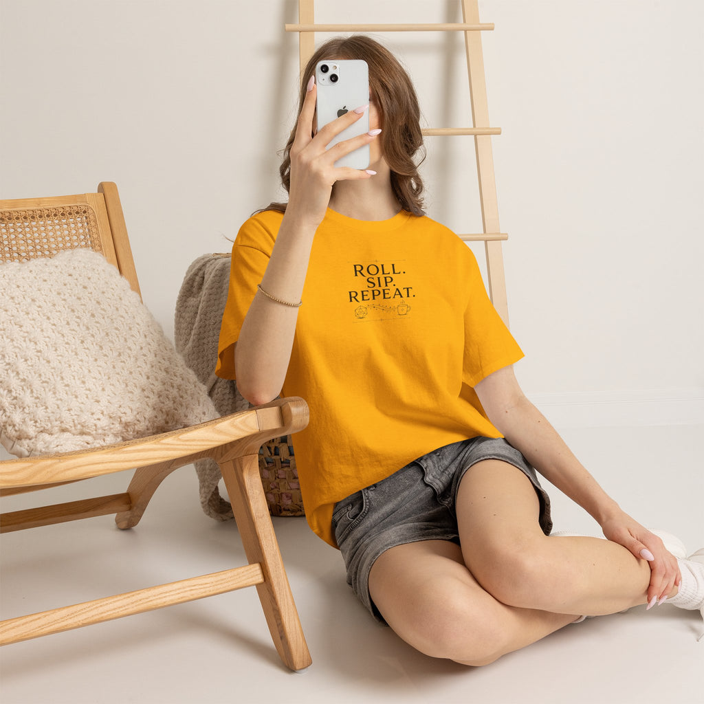 Roll. Sip. Repeat. | Tabletop RPG Coffee T-shirt | Dice & Coffee Lover T-shirt