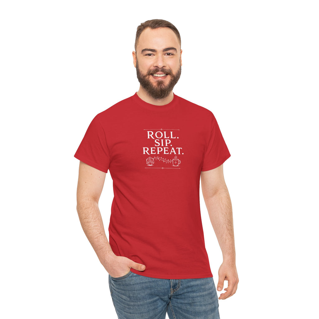 Roll. Sip. Repeat. | Tabletop RPG Coffee T-shirt | Dice & Coffee Lover T-shirt