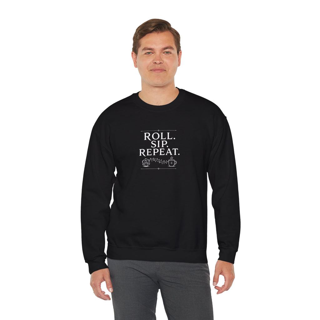 Roll. Sip. Repeat. | Tabletop RPG Coffee Sweatshirt | Dice & Coffee Lover Sweatshirt