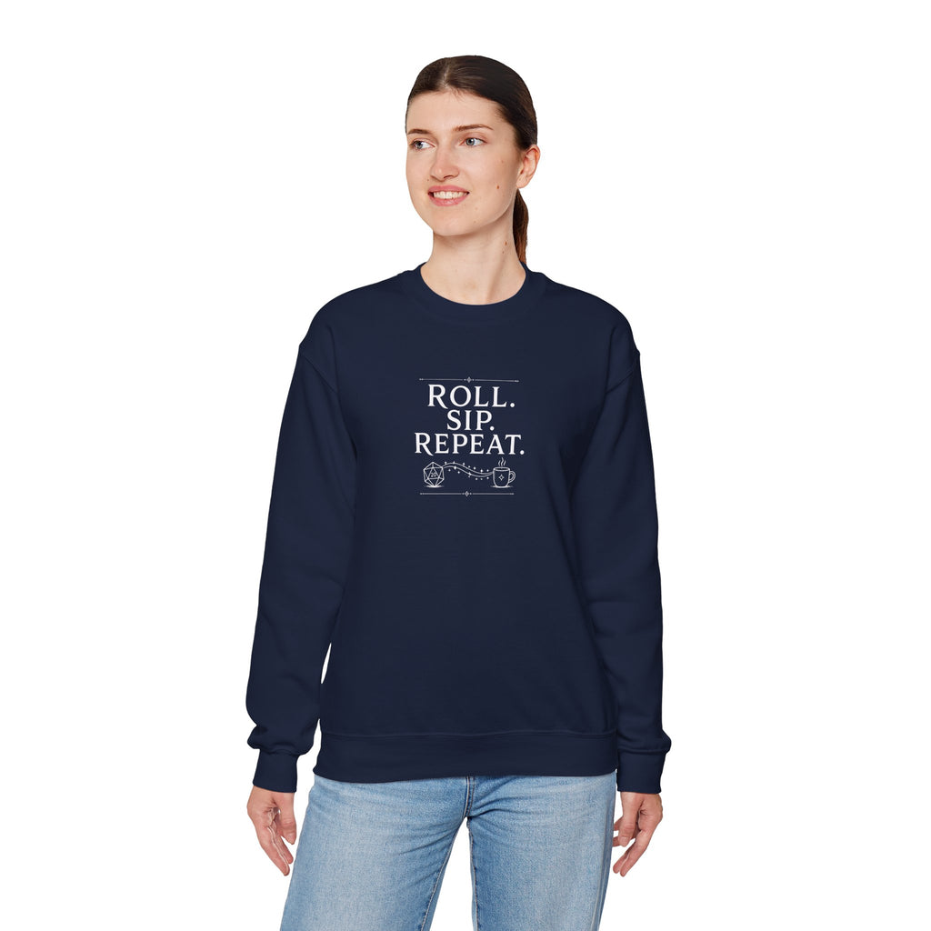 Roll. Sip. Repeat. | Tabletop RPG Coffee Sweatshirt | Dice & Coffee Lover Sweatshirt
