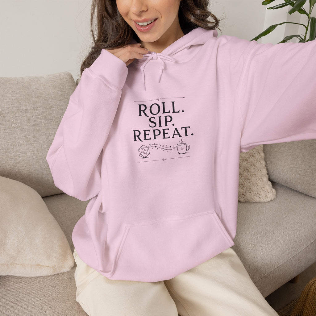 Roll. Sip. Repeat. | Tabletop RPG Coffee Hoodie | Dice & Coffee Lover Hoodie