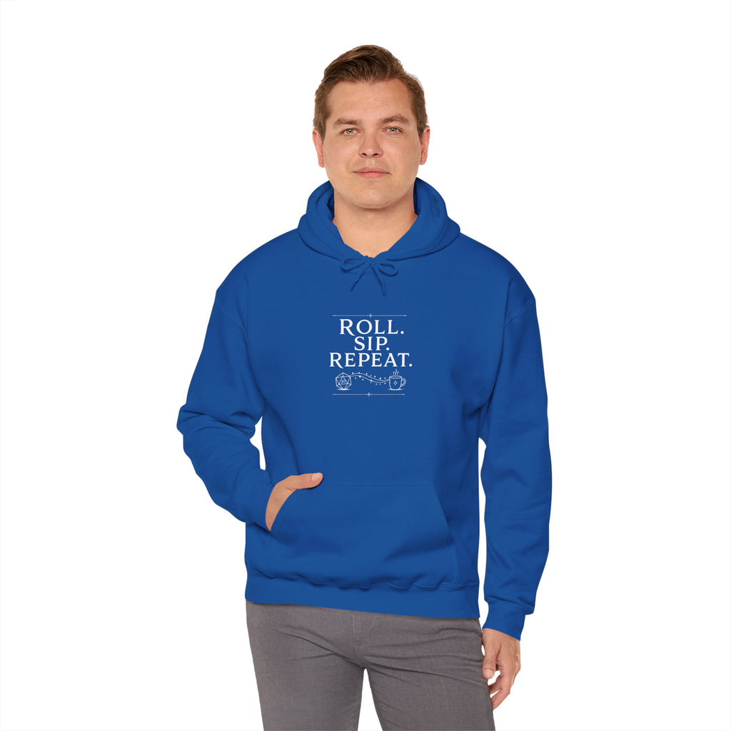 Roll. Sip. Repeat. | Tabletop RPG Coffee Hoodie | Dice & Coffee Lover Hoodie