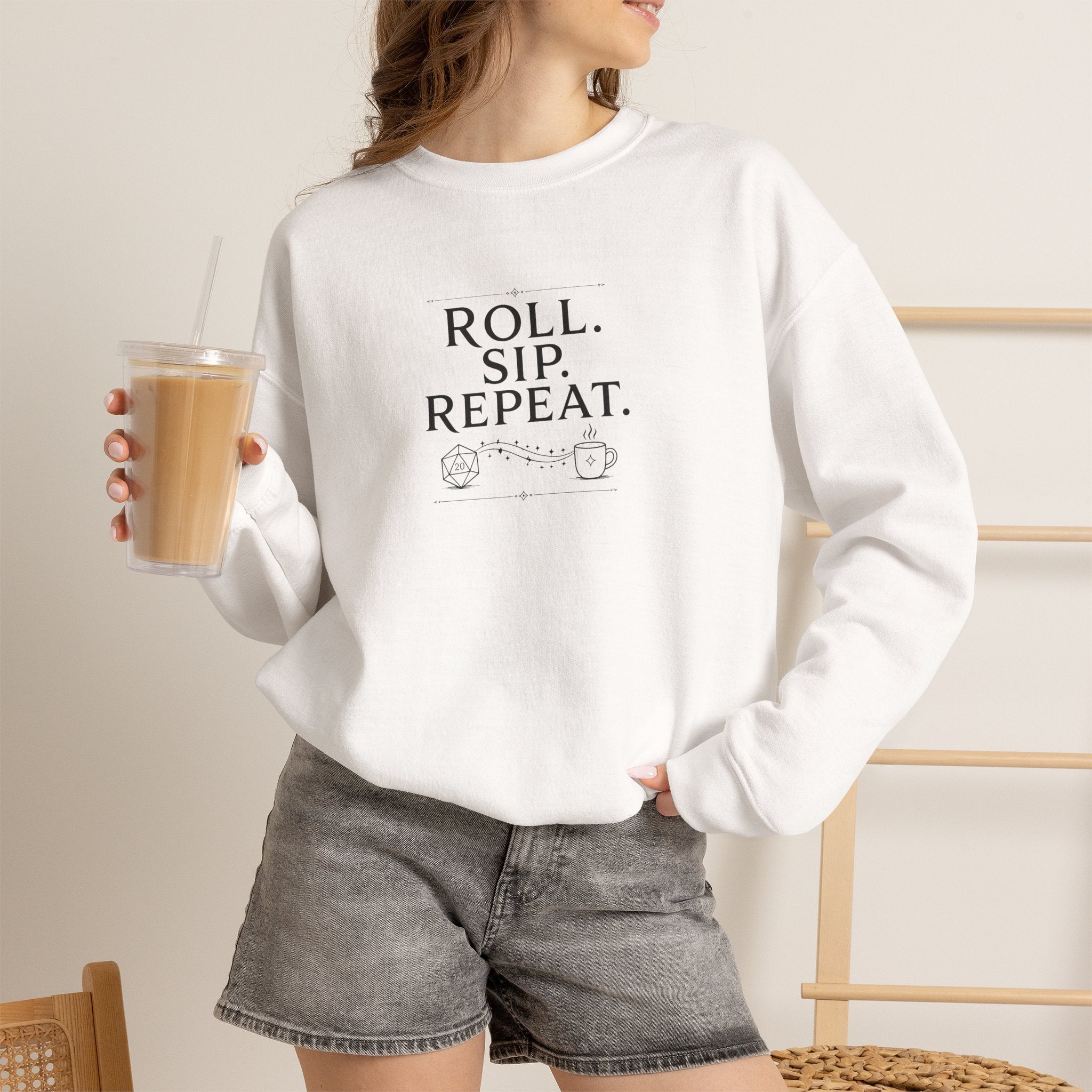 Roll. Sip. Repeat. | Tabletop RPG Coffee Sweatshirt | Dice & Coffee Lover Sweatshirt