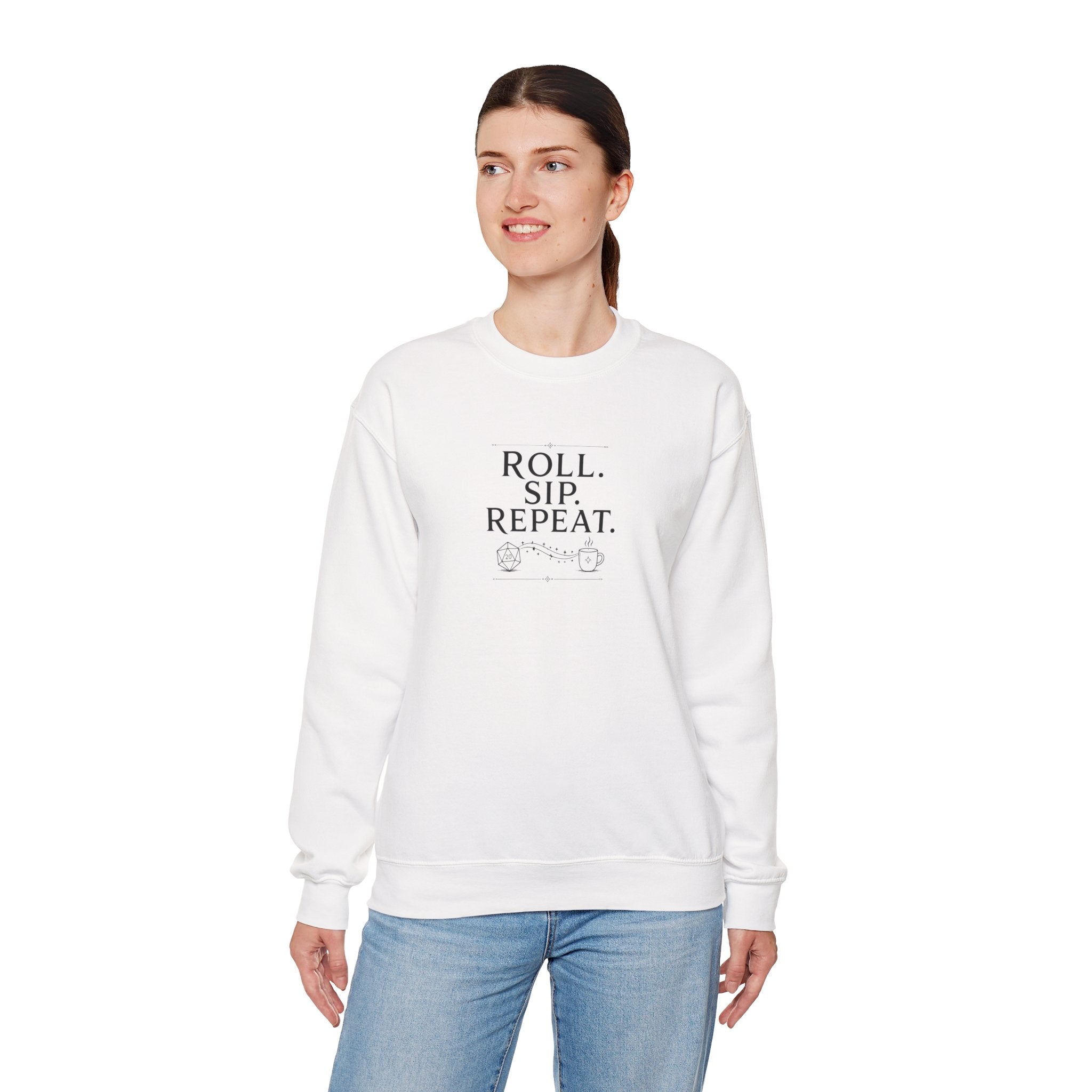 Roll. Sip. Repeat. | Tabletop RPG Coffee Sweatshirt | Dice & Coffee Lover Sweatshirt