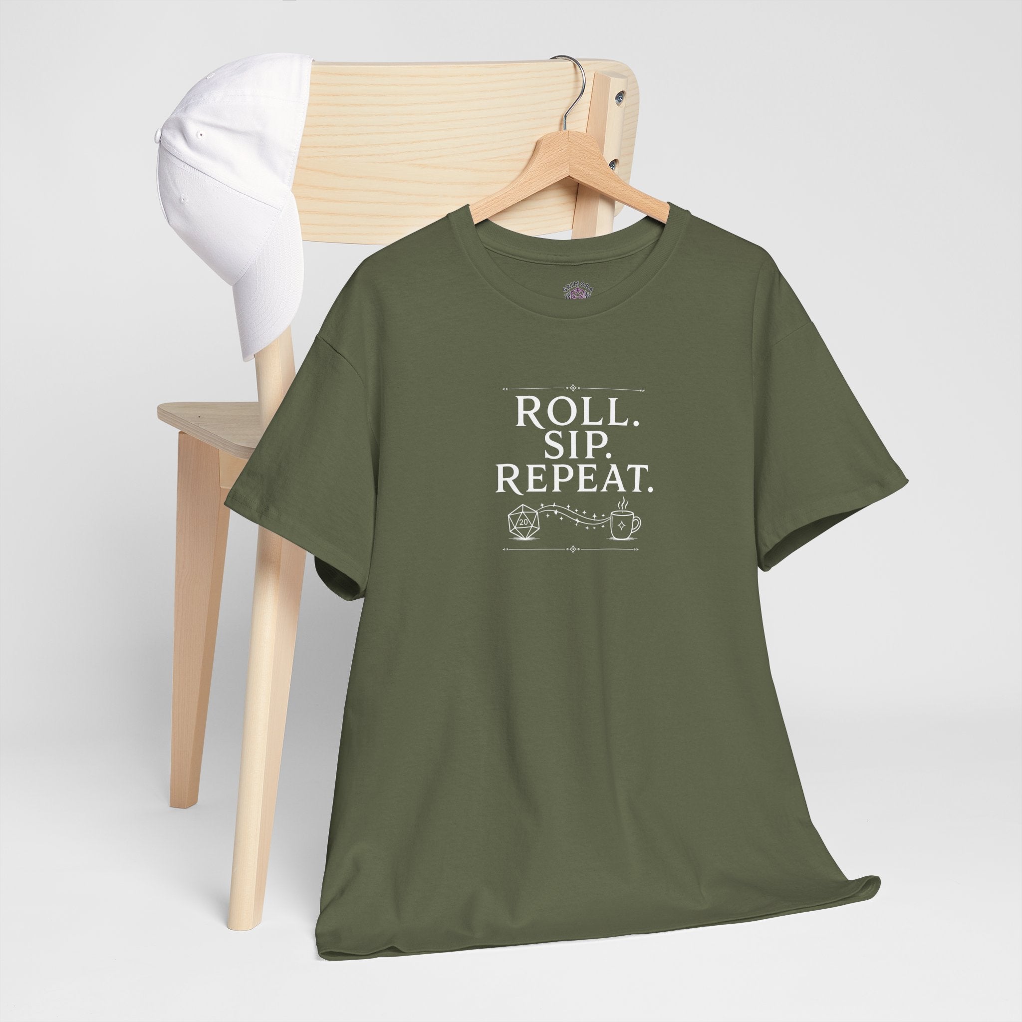 Roll. Sip. Repeat. | Tabletop RPG Coffee T-shirt | Dice & Coffee Lover T-shirt